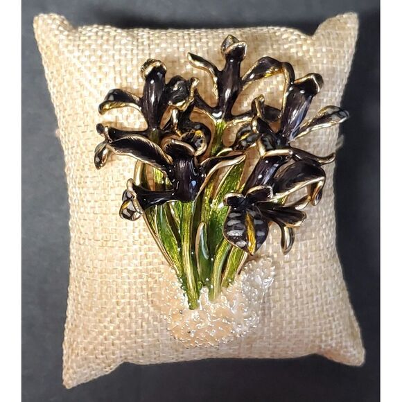 VTG Brooch Enamel Cloisonne Iris Flower Sign World Wide Imports MCM Blk/Grn Pin - Picture 4 of 14